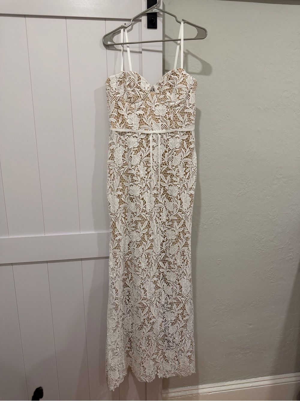 Marchesa White Lace Maxi Dress with Nude Underlay